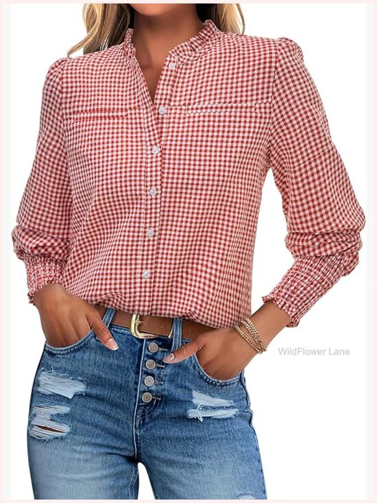 Tops - Women's Plaid Button Down Shirt Ruffle Neck Long Sleeve Blouse with Chest
